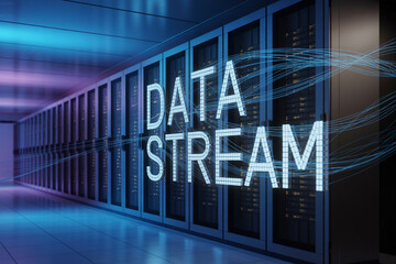 Data stream concept depicted with illuminated words and server room imagery