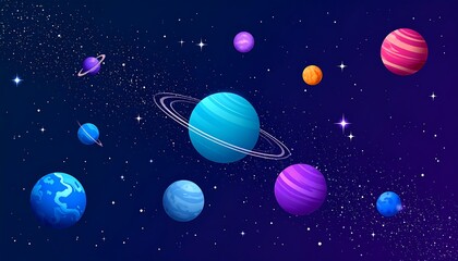 Colorful Cartoon Planets in Deep Space Background.