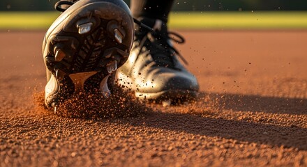 Close up of baseball cleats digging into the dirt on the field during a game or practice session