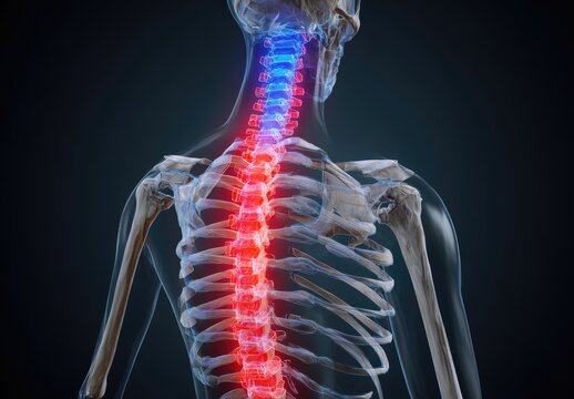 3D illustration of a human spine with highlighted pain areas