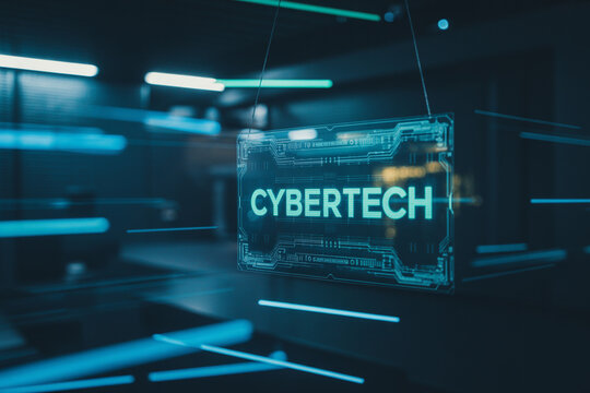 Futuristic illuminated cybertech sign displayed with abstract lighting technology background