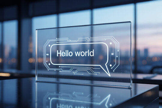 Modern transparent display with hello world message and circuitry design on a table