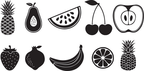 Black Fruit Silhouette Icon Collection Isolated on White