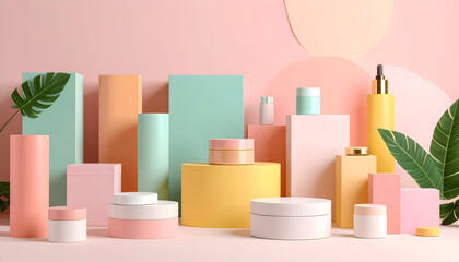 Cosmetics Products Displayed On Pastel Color Geometric Shapes With Green Leaves And Pink Background