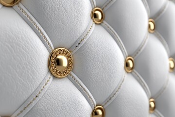 White leather upholstery with gold accents.  Close-up of tufted diamond pattern
