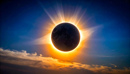 Solar Eclipse with Glowing Ring of Light in the Dark Night Sky and Cloudscape