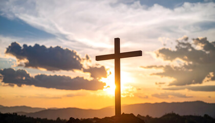 Wooden Cross Silhouette Against A Vivid Sunset Sky With Dramatic Cloud Formation