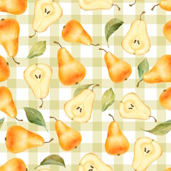 Hand-drawn seamless pattern featuring ripe yellow-orange pears, halves, and fresh leaves on a light checkered background