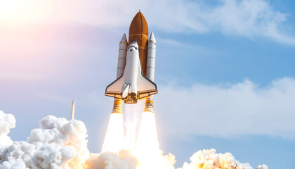 Space Shuttle Blasting Off Into The Sky With Orange And White Tones Above The Fluffy White Smoke