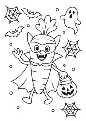 coloring book carrot wearing a Halloween costume with candy.