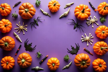 Halloween pumpkins, spiders, and bats on purple background with copy space