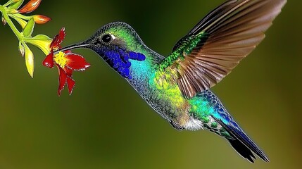 Obraz premium Purple-Bellied Hummingbird Feeding on Heliconia Bihai Flowers in Galapagos with Natural Light Low-Angle View 
