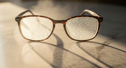 Eyeglasses with water droplets on lenses resting on a surface with a soft light and shadow effect