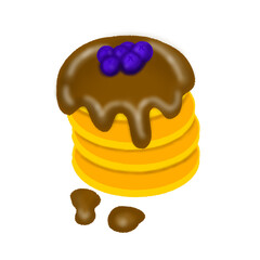 "Stack of Pancakes with Chocolate Syrup and Blueberries"
