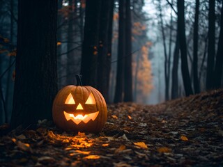 Glowing Jack o' Lantern on Forest Path