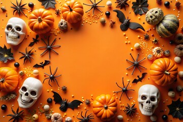 Halloween flat lay arrangement with pumpkins, skulls, spiders, and bats