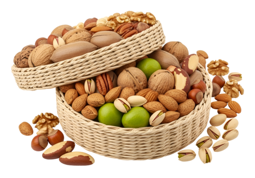 A variety of nuts and seeds fill two nested wicker baskets against a dark background.
