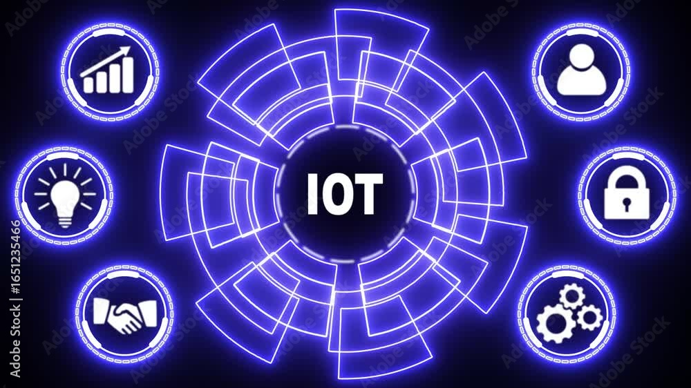 Poster internet of things - iot concept. businessman offer iot products and solutions. glowing animation.