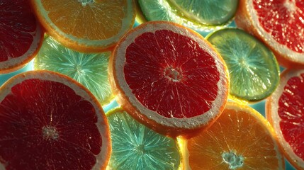 Colorful citrus fruit slices including grapefruit orange lemon and lime close-up background pattern