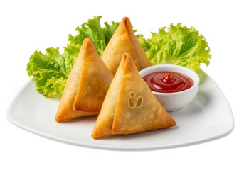 Delicious samosas with ketchup and lettuce isolated on transparent background