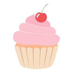Pink cupcake with whipped cream and cherry, bakery dessert element.