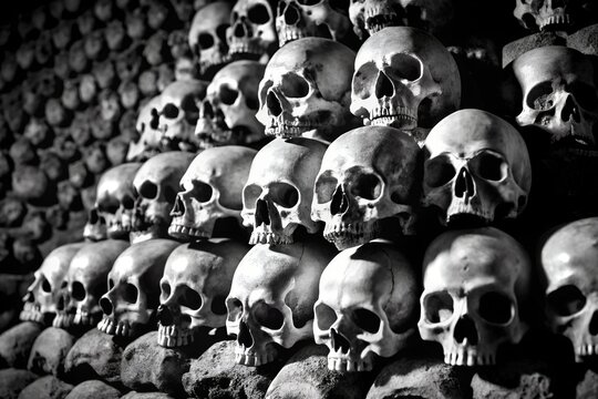 A wall of human skulls and bones in a catacomb in black and white