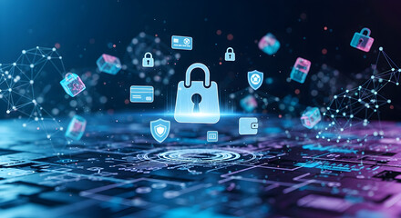 Glowing Shopping Bag Lock on Digital Circuit Board Background