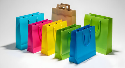 Colorful Paper Shopping Bags Grouped on White, Retail Concept