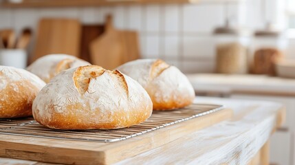 Freshly baked bread on a cooling rack, rustic kitchen, homemade, inviting