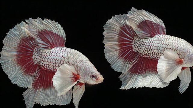 Two betta fish with vibrant colors and detailed scales against a black background