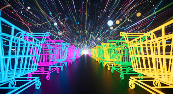 Colorful Neon Shopping Carts in Tunnel with Light Streaks