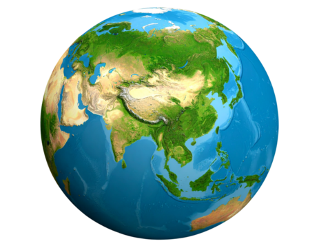 Tilted 3D Earth Globe with Asia and Surrounding Countries, Isolated PNG