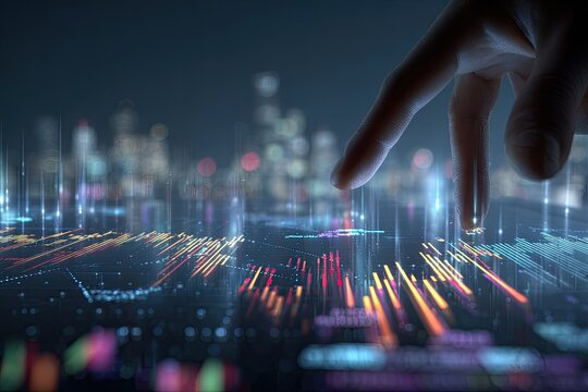 A hand interacts with a futuristic data visualization interface over a blurred cityscape - Powered by Adobe