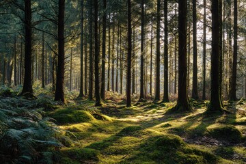 Fototapeta premium Sunlight filtering through a dense forest