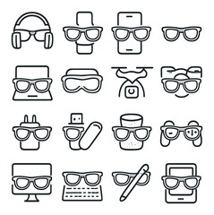 Stylized gadgets with sunglasses: headphones, laptop, smartphone, console controllers