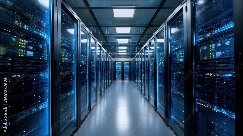 Poster aerial view inside high security data center showcasing rows of server racks illuminated by blue lig
