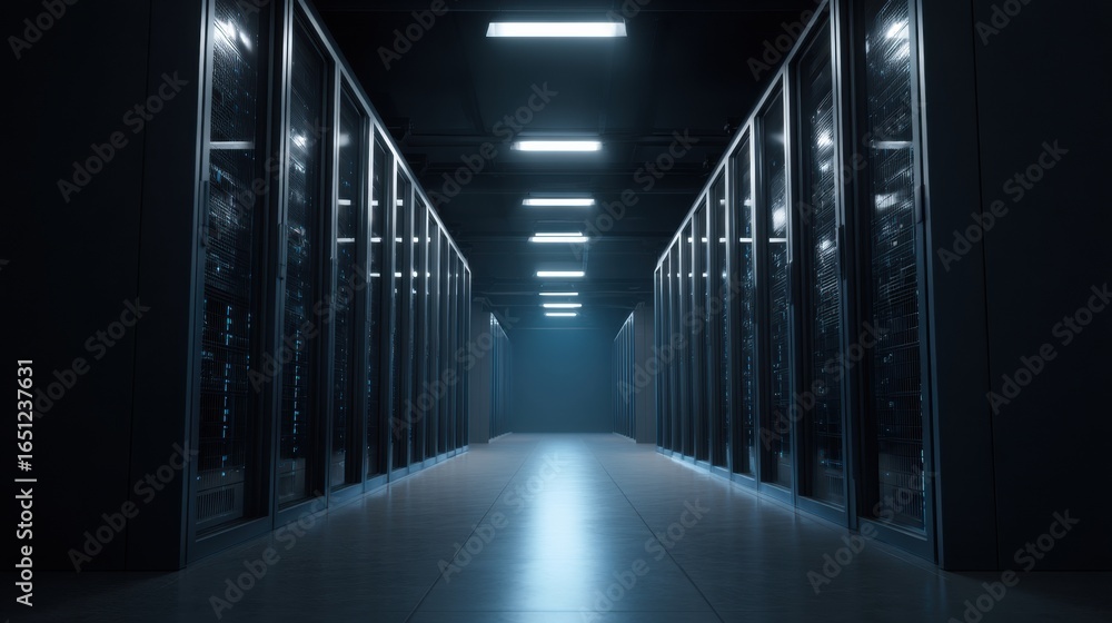 Aufkleber aerial view inside high security data center corridor, showcasing rows of server racks illuminated b