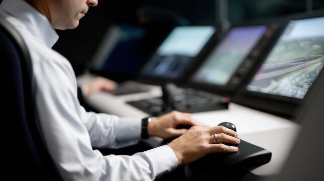 Focused analyst seated at console, operating multiple screens displaying complex data and graphics. environment suggests high tech control room, emphasizing precision and attention to detail