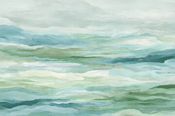 Abstract landscape painting in muted greens and blues