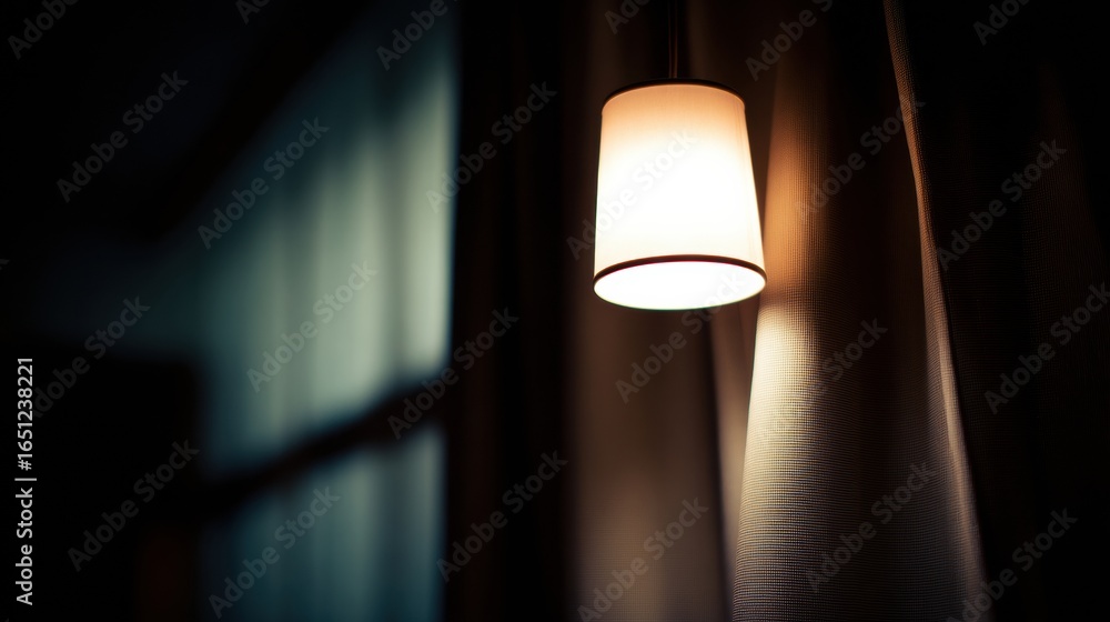 Poster glowing light fixture illuminates soft curtain, creating warm and inviting atmosphere in cozy interi