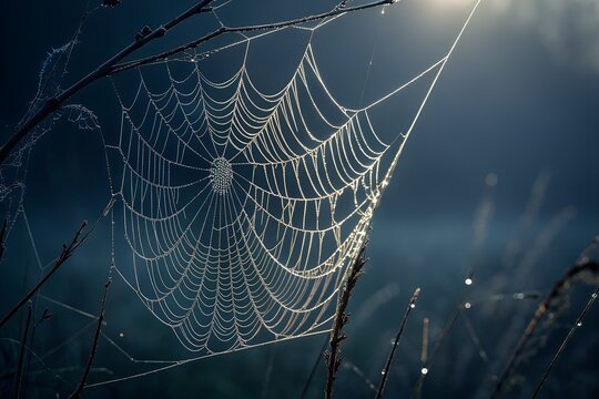 Spiderweb with dew drops in the morning sun in a field of grass