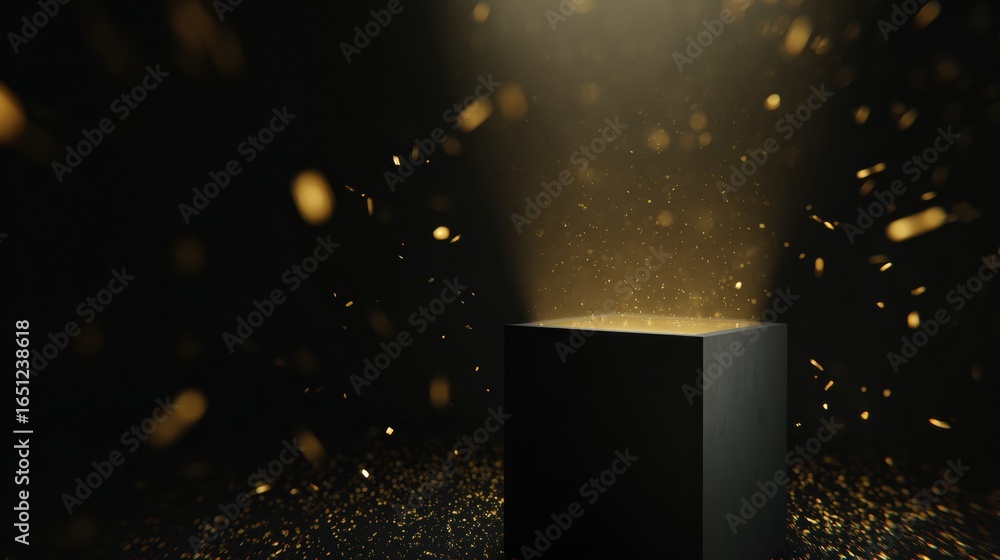 Poster glowing podium emits golden particles in dark void, creating captivating and mystical atmosphere. sc