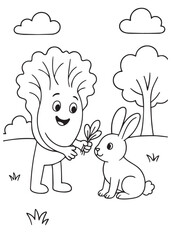 coloring book lettuce feeding a carrot to a rabbit.