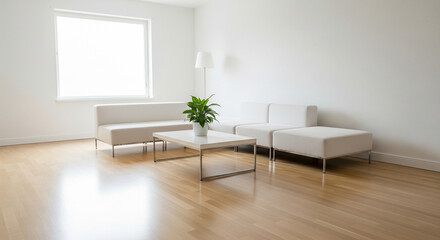 A bright, minimalist living room with clean lines and natural light. Modern white sofa and table in a serene space. Concept for AI-assisted interior design, real estate, and a simple, modern lifestyle