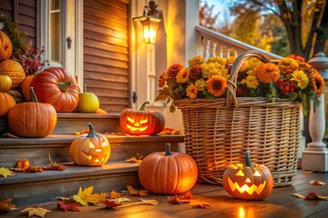 Obraz premium Halloween pumpkins and flowers decorate a porch during the autumn season