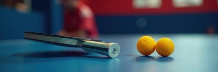 Close-up of a table tennis paddle and ball poised for serve , competition, action