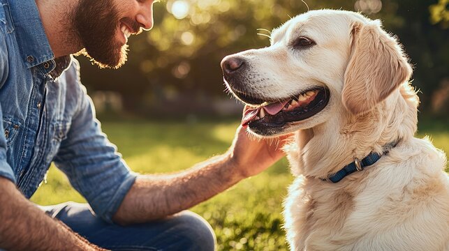Man playing with his pet dog in a sunny backyard, playful, companionship, joy, - Powered by Adobe