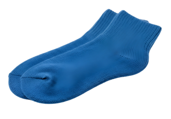 Two vibrant blue socks display a textured knit pattern against a stark black background.