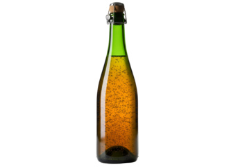 A light-golden beverage bottle with a green cap, displayed against a black background, showcases the effervescence within.