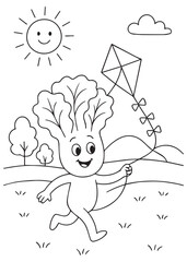 coloring book lettuce flying a kite outdoors.